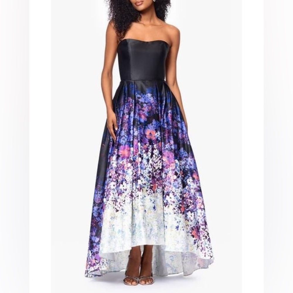 Betsy & Adam Purple Ombré Floral Strapless High Low Ball Gown - Picture 3 of 5